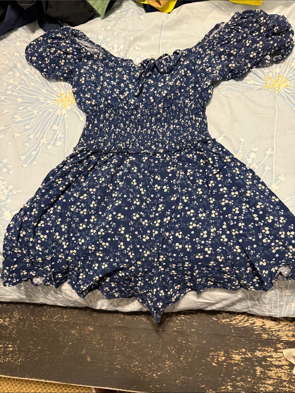 Altar'd State Navy Blue Floral Romper with Smocked Waist